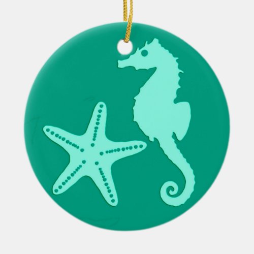 Seahorse  starfish _ turquoise and aqua ceramic ornament