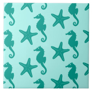 Seahorse & starfish - turquoise and aqua ceramic tile