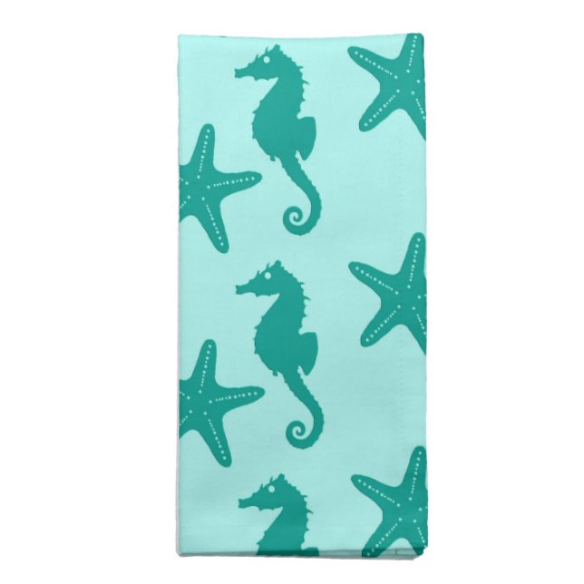 Seahorse & starfish - turquoise and aqua cloth napkin (Folded)