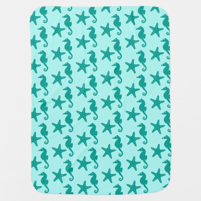 Seahorse & starfish - turquoise and aqua receiving blanket (Front)