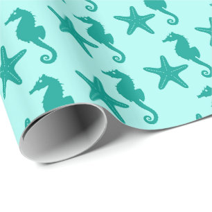 Seahorse & starfish - turquoise and aqua wrapping paper