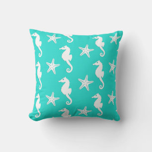 Seahorse & starfish - Turquoise and White Throw Pillow