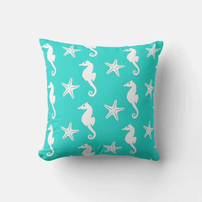 Seahorse & starfish - Turquoise and White Throw Pillow (Front)