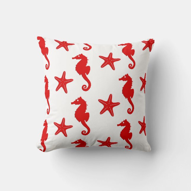 Seahorse & starfish - white and dark coral red throw pillow (Front)