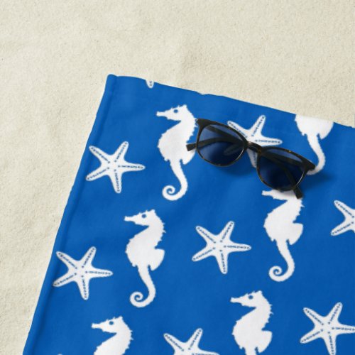 Seahorse  starfish white on cobalt blue beach towel