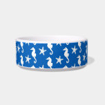 Seahorse & starfish - white on cobalt blue bowl<br><div class="desc">Mixed media digital rendition of a seahorse and starfish against a deep cobalt blue background</div>