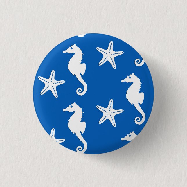 Seahorse & starfish - white on cobalt blue button (Front)