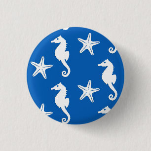 Seahorse & starfish - white on cobalt blue button