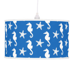 Seahorse & starfish - white on cobalt blue ceiling lamp
