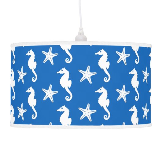 Seahorse & starfish - white on cobalt blue ceiling lamp (Left)