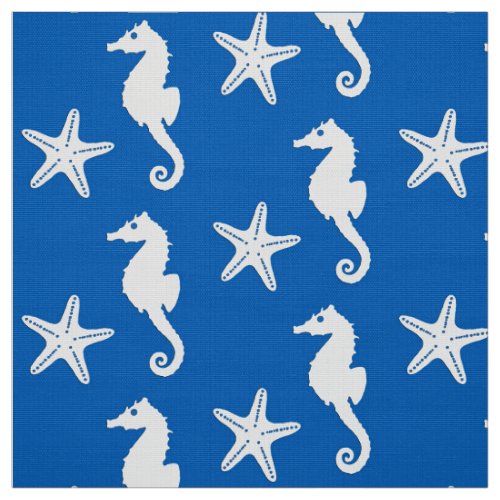Seahorse  starfish _ white on cobalt blue fabric