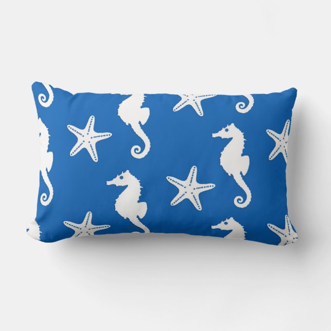 Seahorse & starfish - white on cobalt blue lumbar pillow (Front)