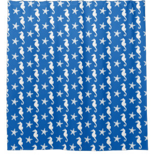 Seahorse & starfish - white on cobalt blue shower curtain