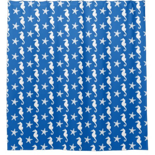 Seahorse  starfish _ white on cobalt blue shower curtain