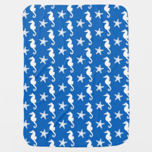 Seahorse & starfish - white on cobalt blue stroller blanket