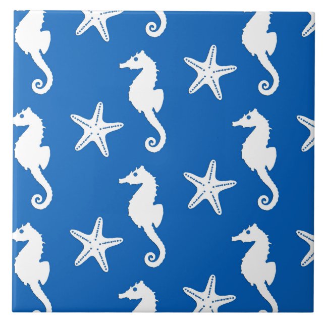 Seahorse & starfish - white on cobalt blue tile (Front)