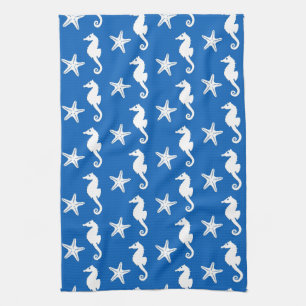 Seahorse & starfish - white on cobalt blue towel