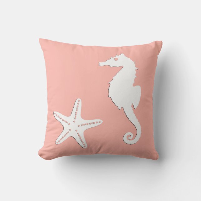 Seahorse & starfish - white on coral pink throw pillow (Front)