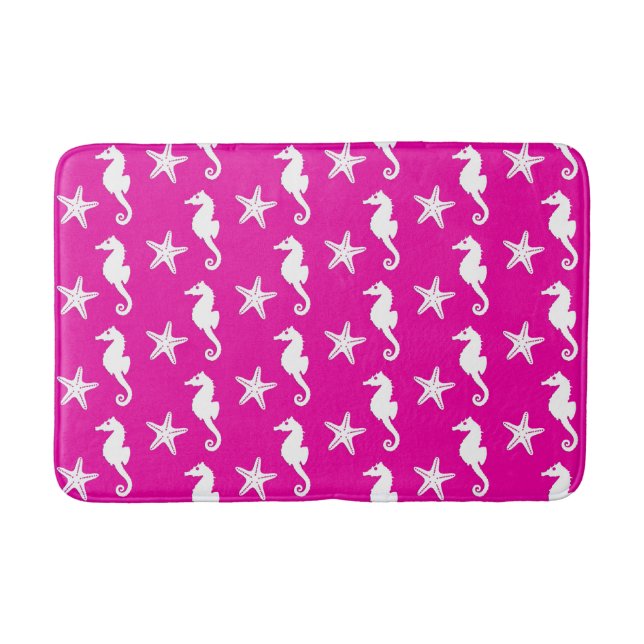 Seahorse & starfish - white on fuchsia pink bathroom mat (Front)