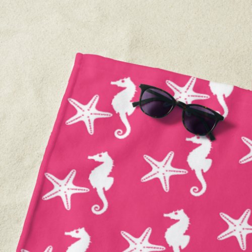 Seahorse  starfish white on fuchsia pink beach towel