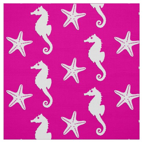 Seahorse  starfish _ white on fuchsia pink fabric