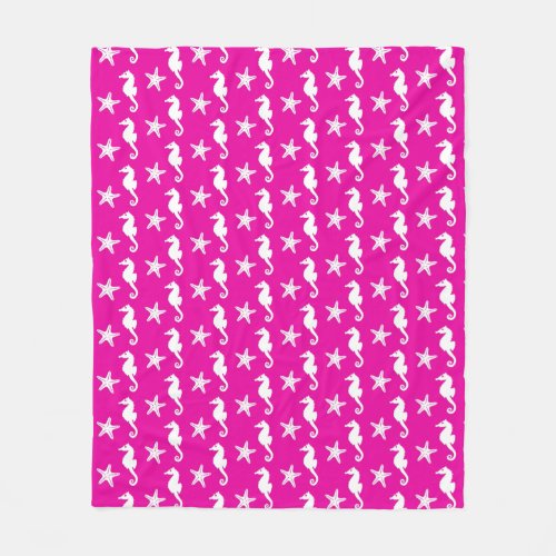 Seahorse  starfish _ white on fuchsia pink fleece blanket