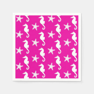 Seahorse & starfish - white on fuchsia pink paper napkins
