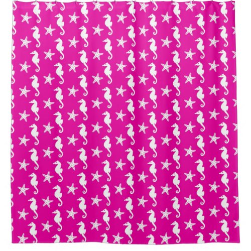 Seahorse  starfish _ white on fuchsia pink shower curtain