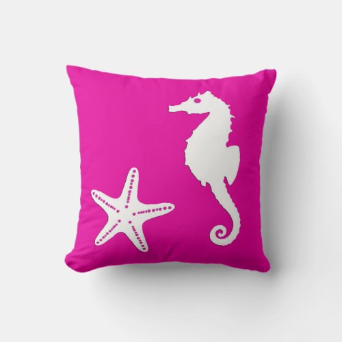 Seahorse  starfish _ white on fuchsia pink throw pillow