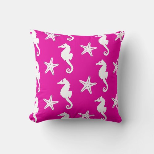 Seahorse  starfish _ white on fuchsia pink throw pillow