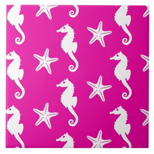 Seahorse  starfish _ white on fuchsia pink tile
