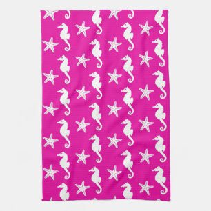Seahorse & starfish - white on fuchsia pink towel