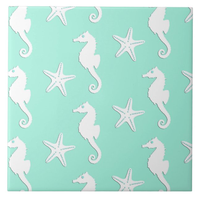 Seahorse & starfish - white on pale aqua ceramic tile (Front)
