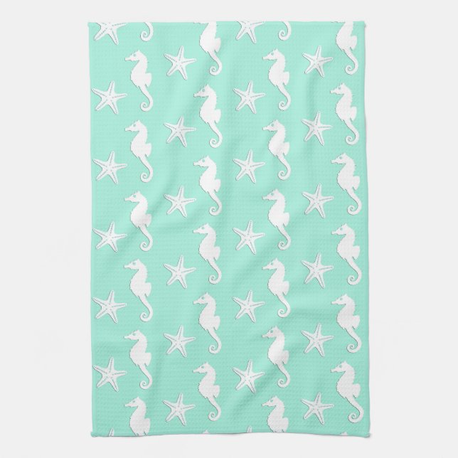 Seahorse & starfish - white on pale aqua kitchen towel (Vertical)