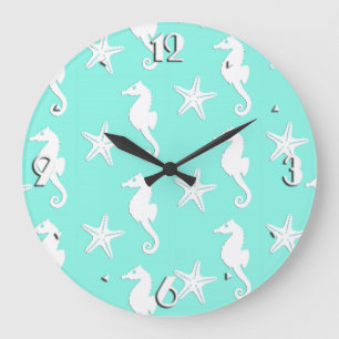 Seahorse & starfish - white on pale aqua large clock