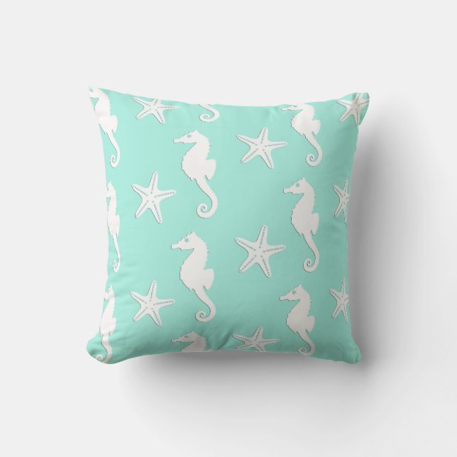 Seahorse & starfish - white on pale aqua throw pillow (Front)