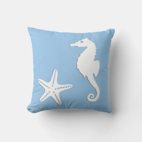 Seahorse  starfish _ white on pale blue throw pillow