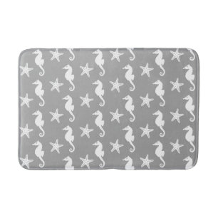 Seahorse & starfish - white on silver grey bathroom mat