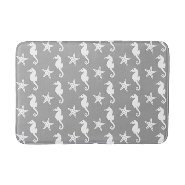 Seahorse & starfish - white on silver grey bathroom mat (Front)