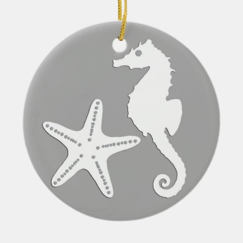 Seahorse  starfish _ white on silver grey ceramic ornament