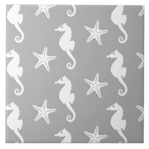 Seahorse & starfish - white on silver grey ceramic tile
