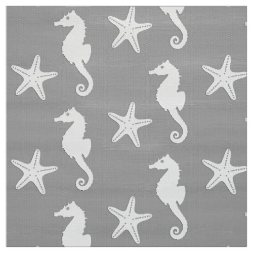 Seahorse  starfish _ white on silver grey fabric