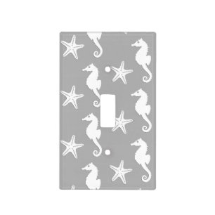 Seahorse & starfish - white on silver grey light switch cover