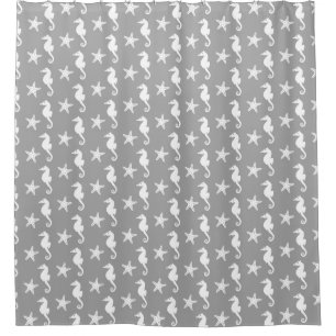 Seahorse & starfish - white on silver grey shower curtain