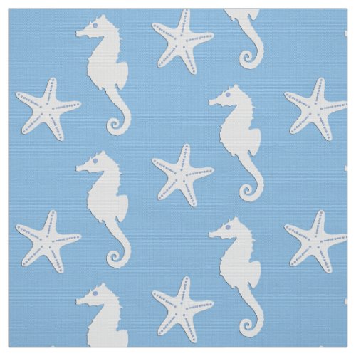 Seahorse  starfish _ white on sky blue fabric