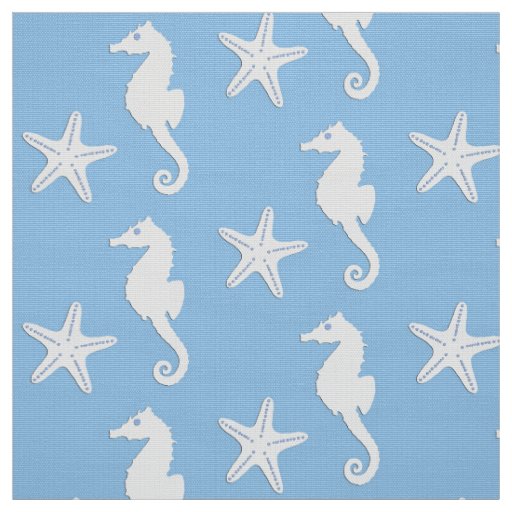 Seahorse & starfish - white on sky blue fabric