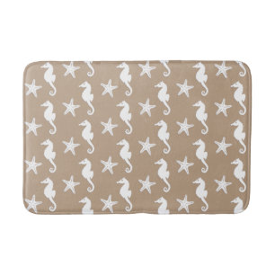 Seahorse & starfish - white on taupe tan bath mat