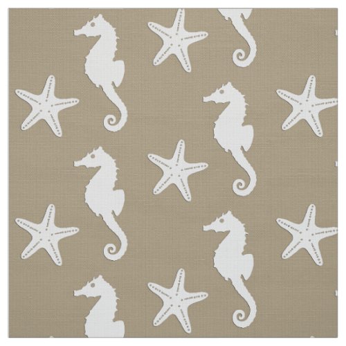Seahorse  starfish _ white on taupe tan fabric