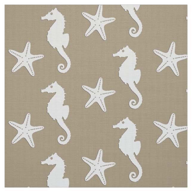 Seahorse & starfish - white on taupe tan fabric (Swatch)