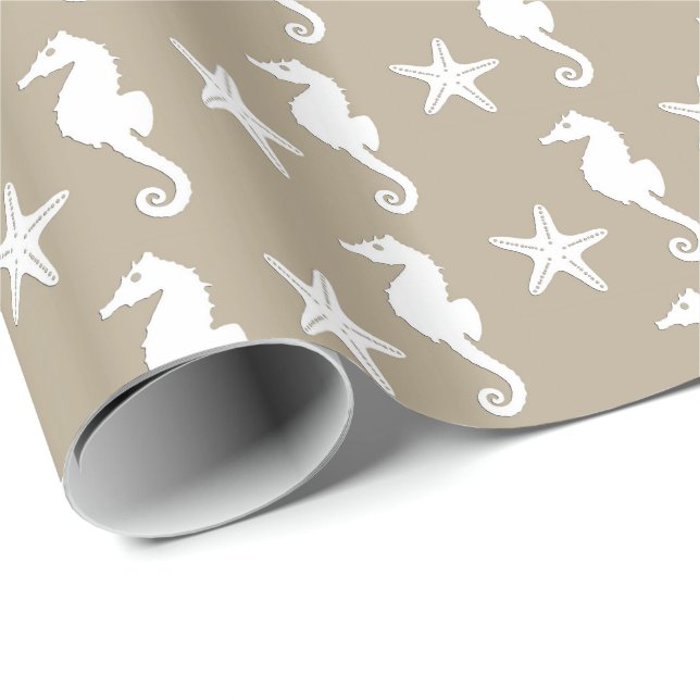 Seahorse & starfish - white on taupe tan wrapping paper (Roll Corner)